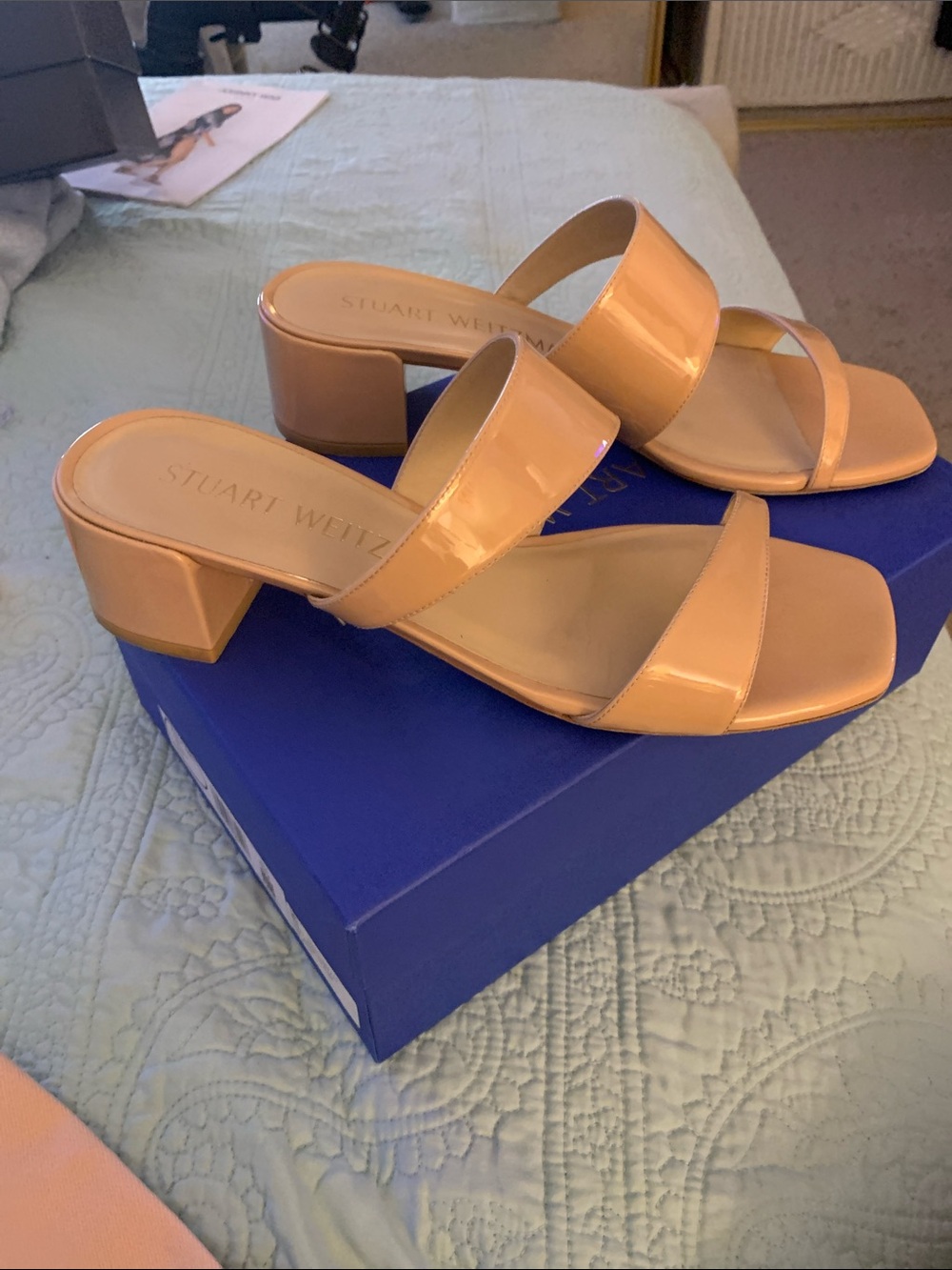 Stuart Weitzman Patent Peach Double-Strap Block Heel Mules